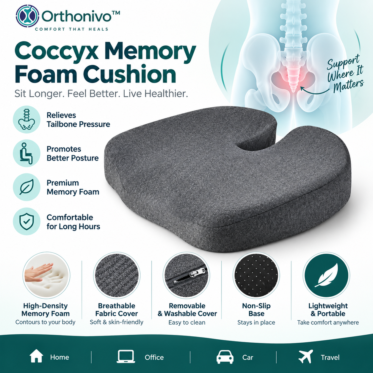 Orthonivo™ Coccyx Memory Foam Cushion